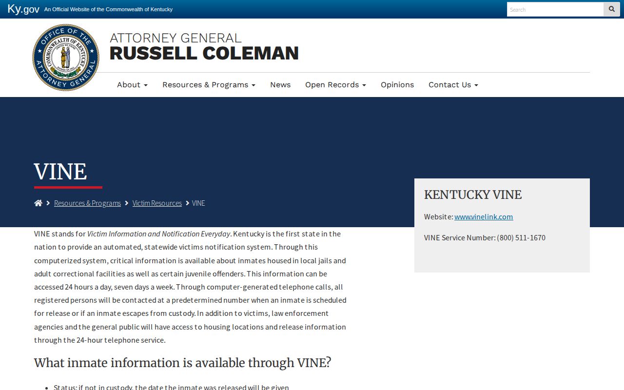 Perry County VINELink release notification guidance from Kentucky
